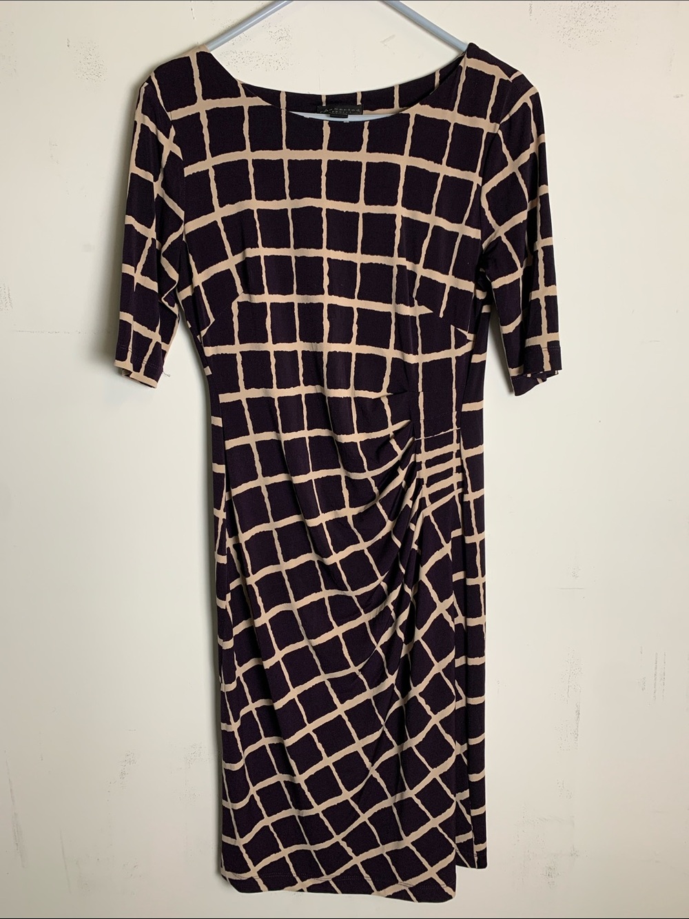 connected apparel Grid-Print Boatneck Midi Dress in Beige and Plum